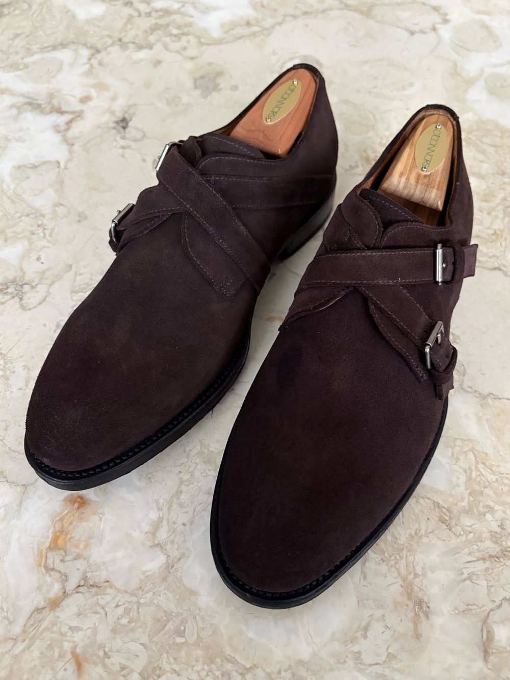 Aquatalia Vernon Double Monk Strap Brown Suede Leather Waterproof Dress Shoes